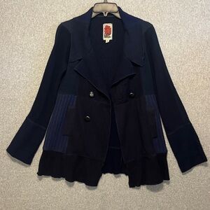 Burning Torch 100% Recycled Cashmere Navy Blue Patchwork Buttons Size Small Boho